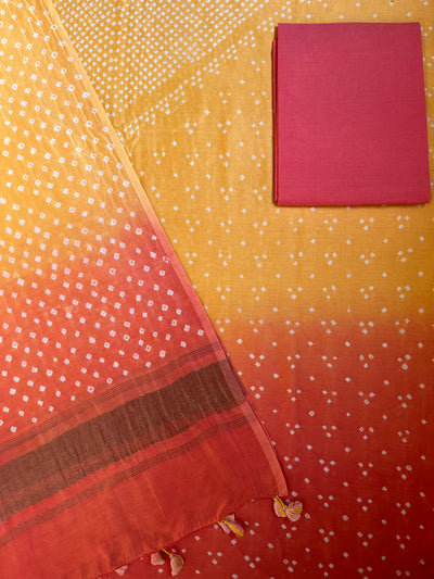 FAZAR :Handmade Designer Bandhnai Chanderi Silk- Cott 3 Piece Suit Set.
