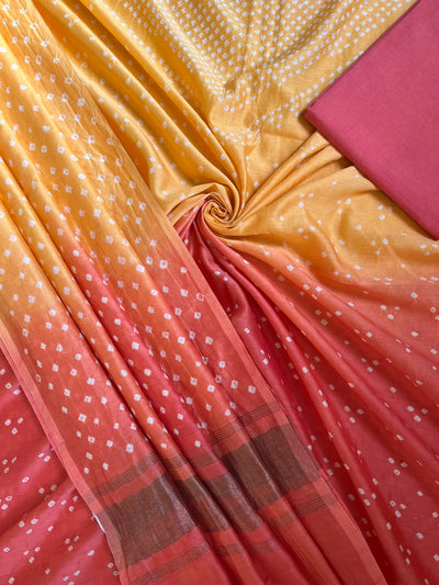 FAZAR :Handmade Designer Bandhnai Chanderi Silk- Cott 3 Piece Suit Set.