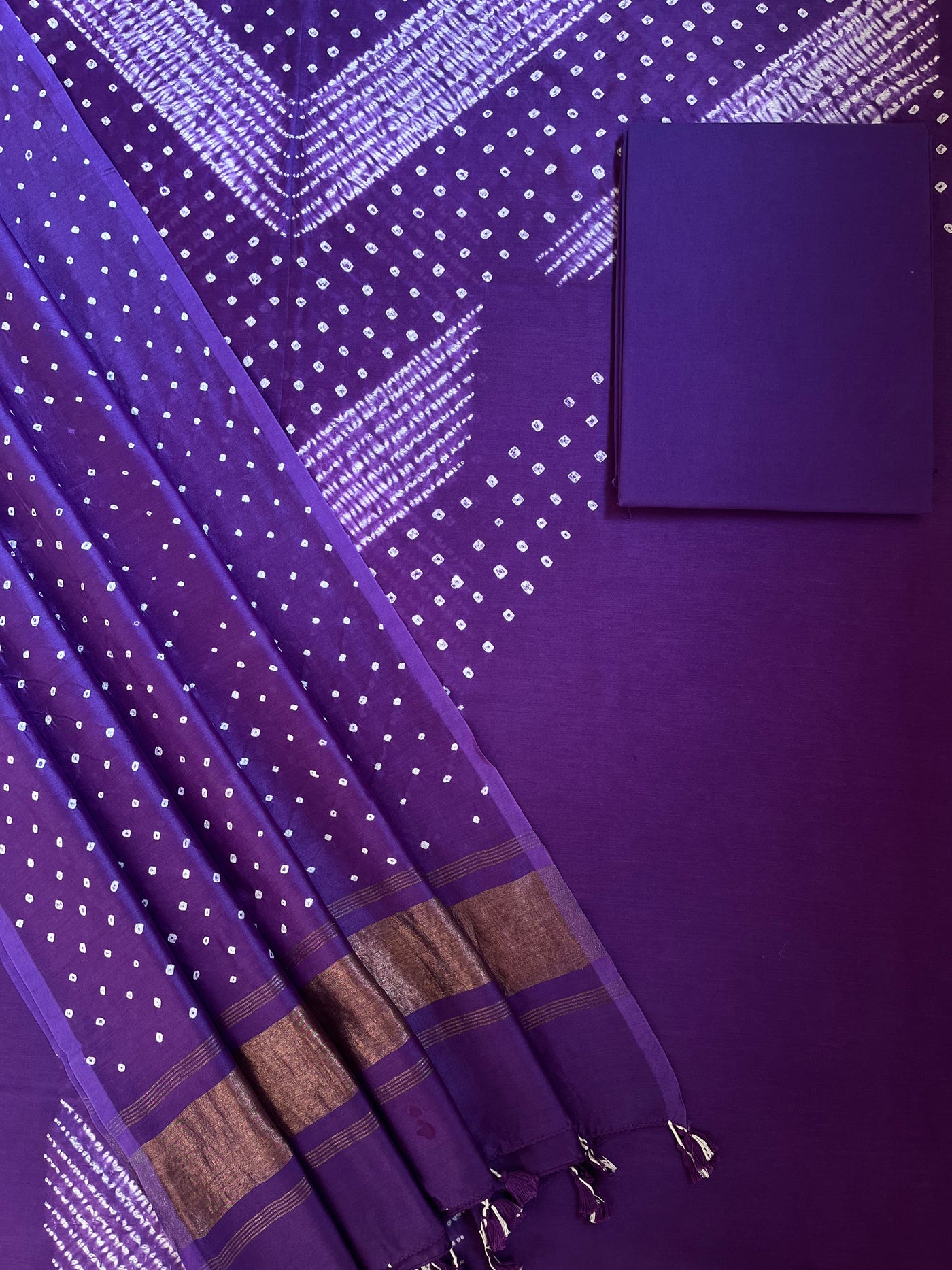 INAYA :Handmade Designer Bandhnai Chanderi Silk- Cott 3 Piece Suit Set.