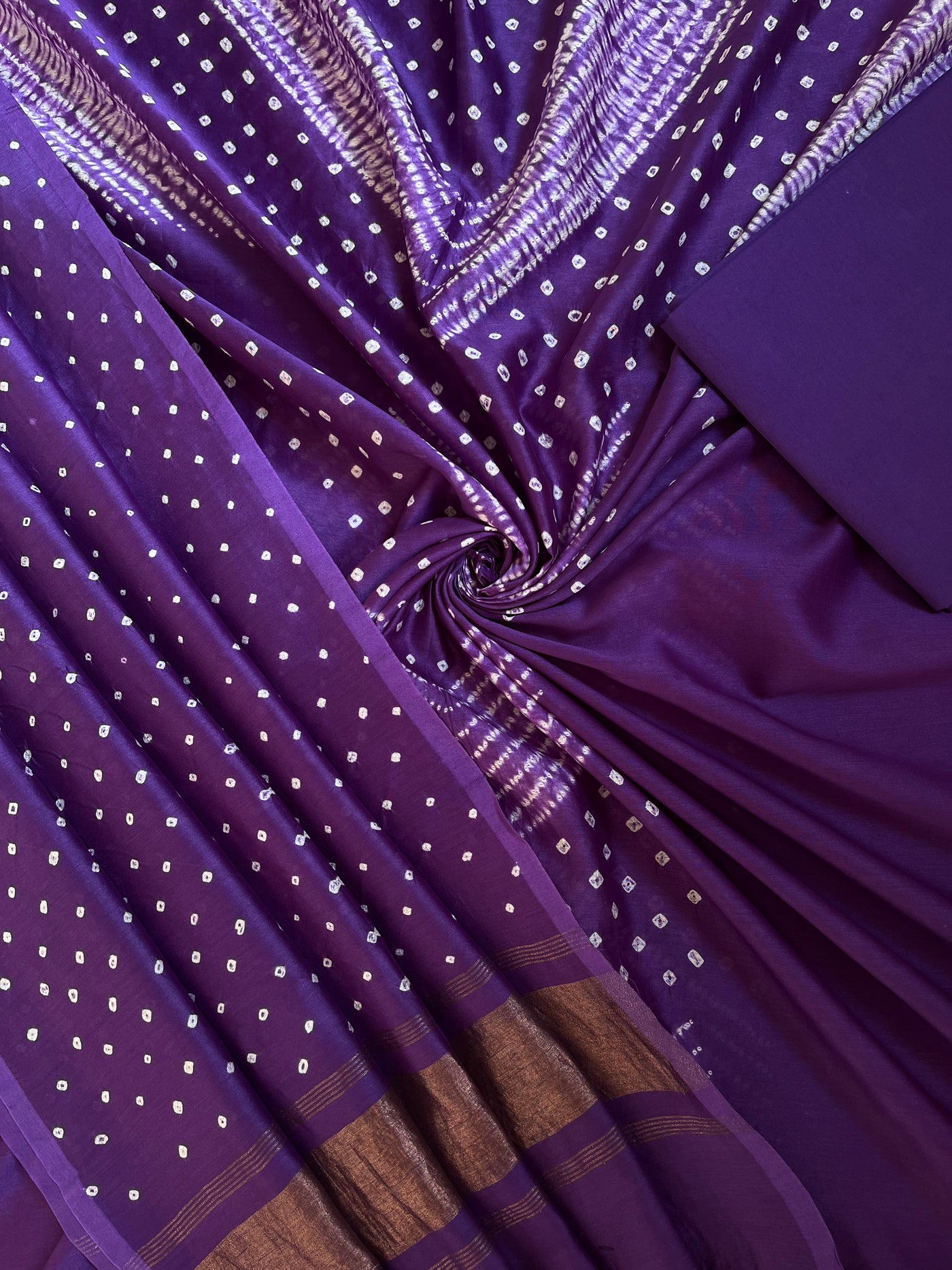 INAYA :Handmade Designer Bandhnai Chanderi Silk- Cott 3 Piece Suit Set.