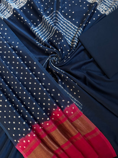 SAYNA :Handmade Designer Bandhnai Chanderi Silk- Cott 3 Piece Suit Set.