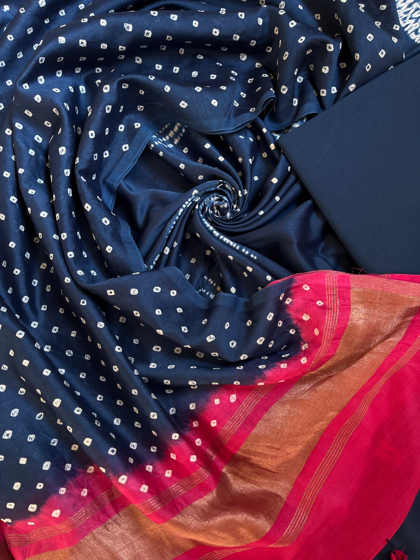 SAYNA :Handmade Designer Bandhnai Chanderi Silk- Cott 3 Piece Suit Set.