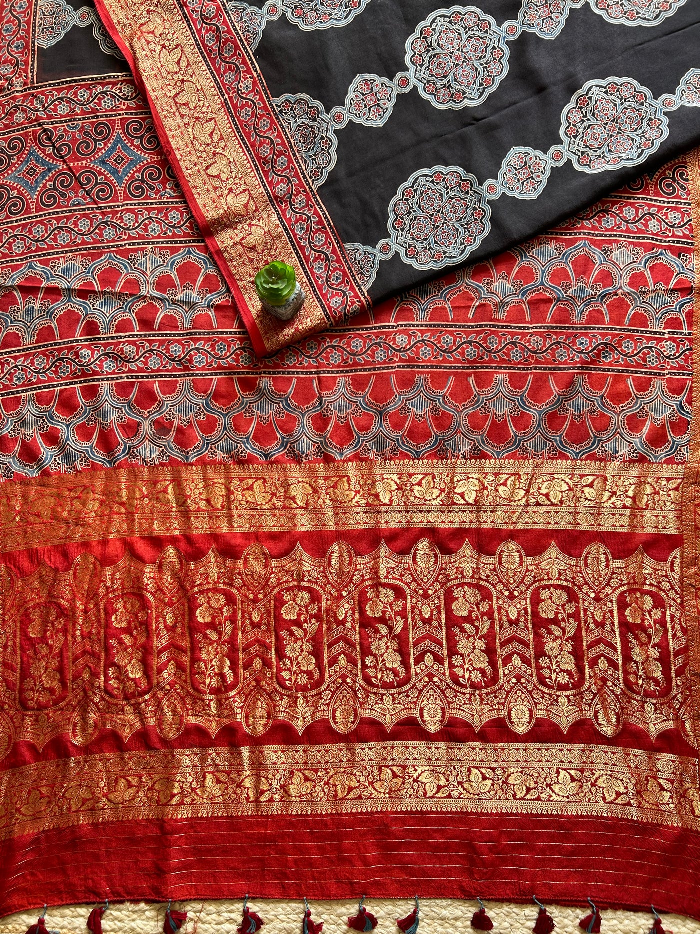RUDRANI:Handmade Ajrakh Dola Silk Saree with Meenakari Pallu