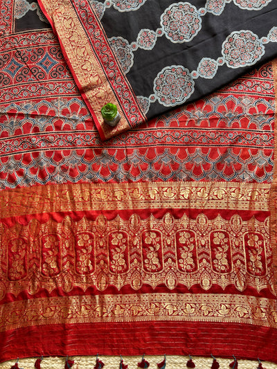 RUDRANI:Handmade Ajrakh Dola Silk Saree with Meenakari Pallu