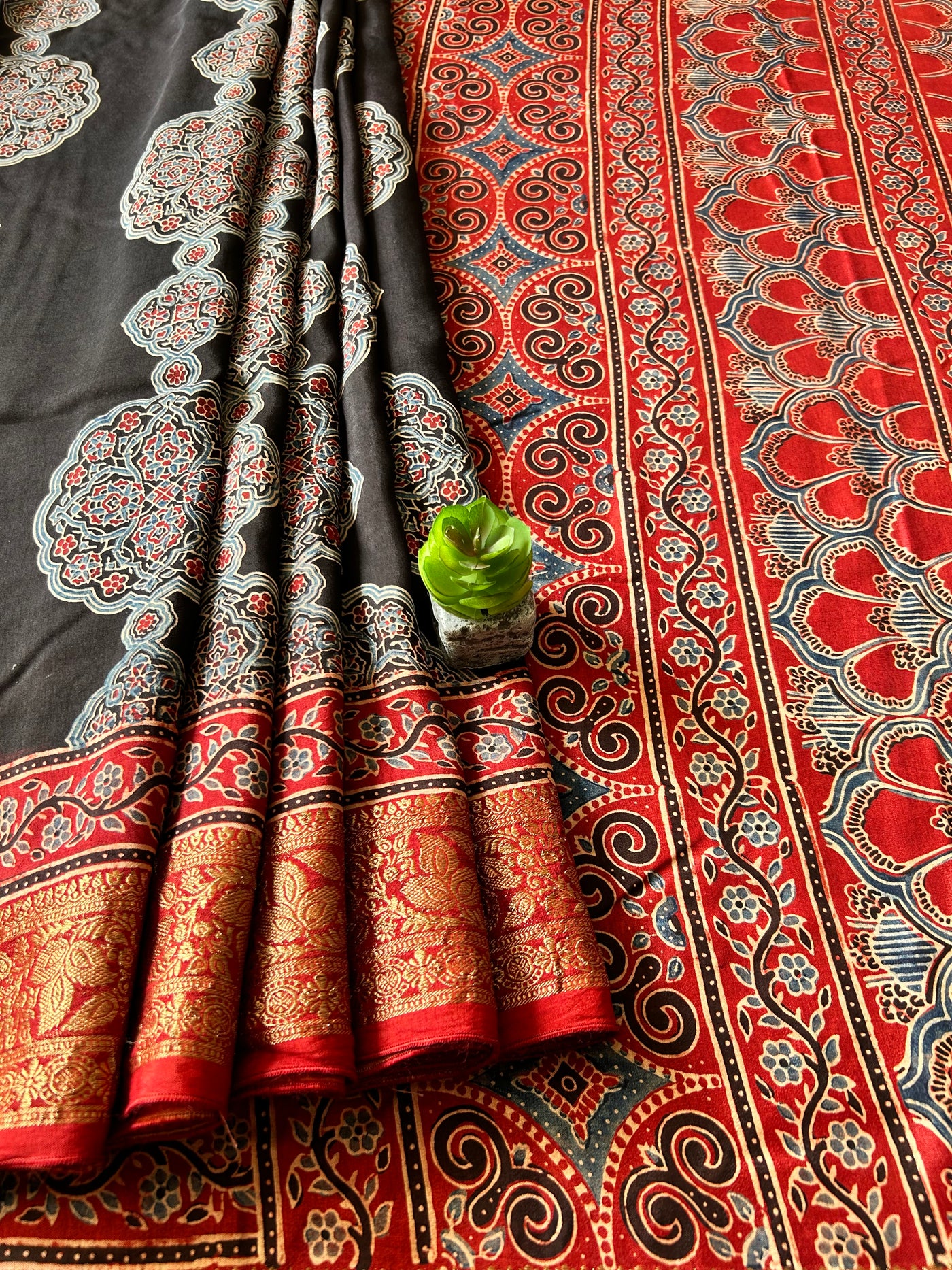 RUDRANI:Handmade Ajrakh Dola Silk Saree with Meenakari Pallu