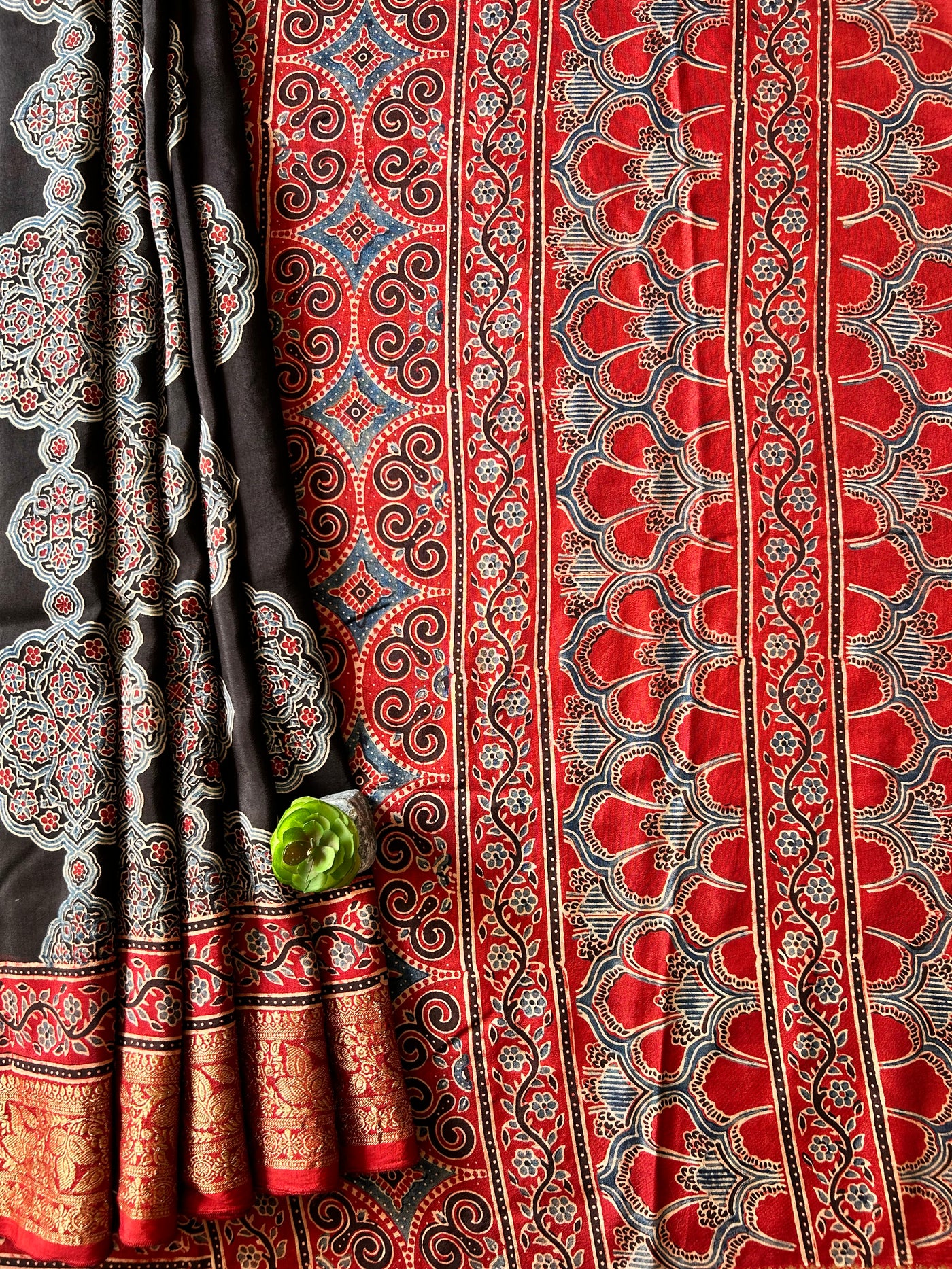 RUDRANI:Handmade Ajrakh Dola Silk Saree with Meenakari Pallu