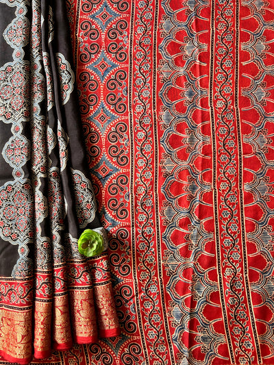 RUDRANI:Handmade Ajrakh Dola Silk Saree with Meenakari Pallu