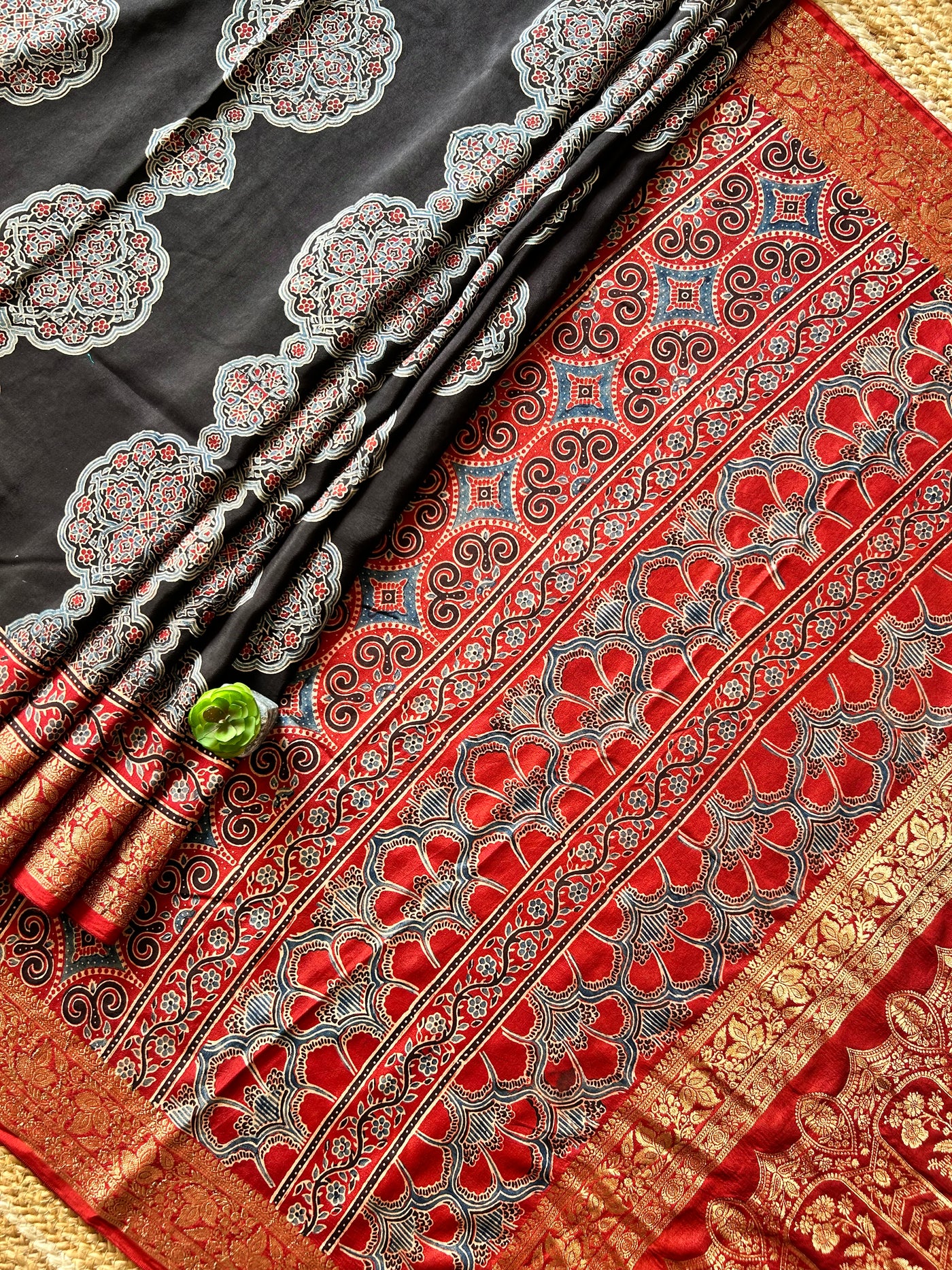 RUDRANI:Handmade Ajrakh Dola Silk Saree with Meenakari Pallu