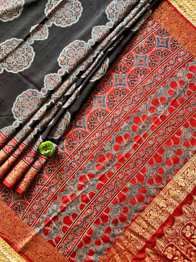 RUDRANI:Handmade Ajrakh Dola Silk Saree with Meenakari Pallu