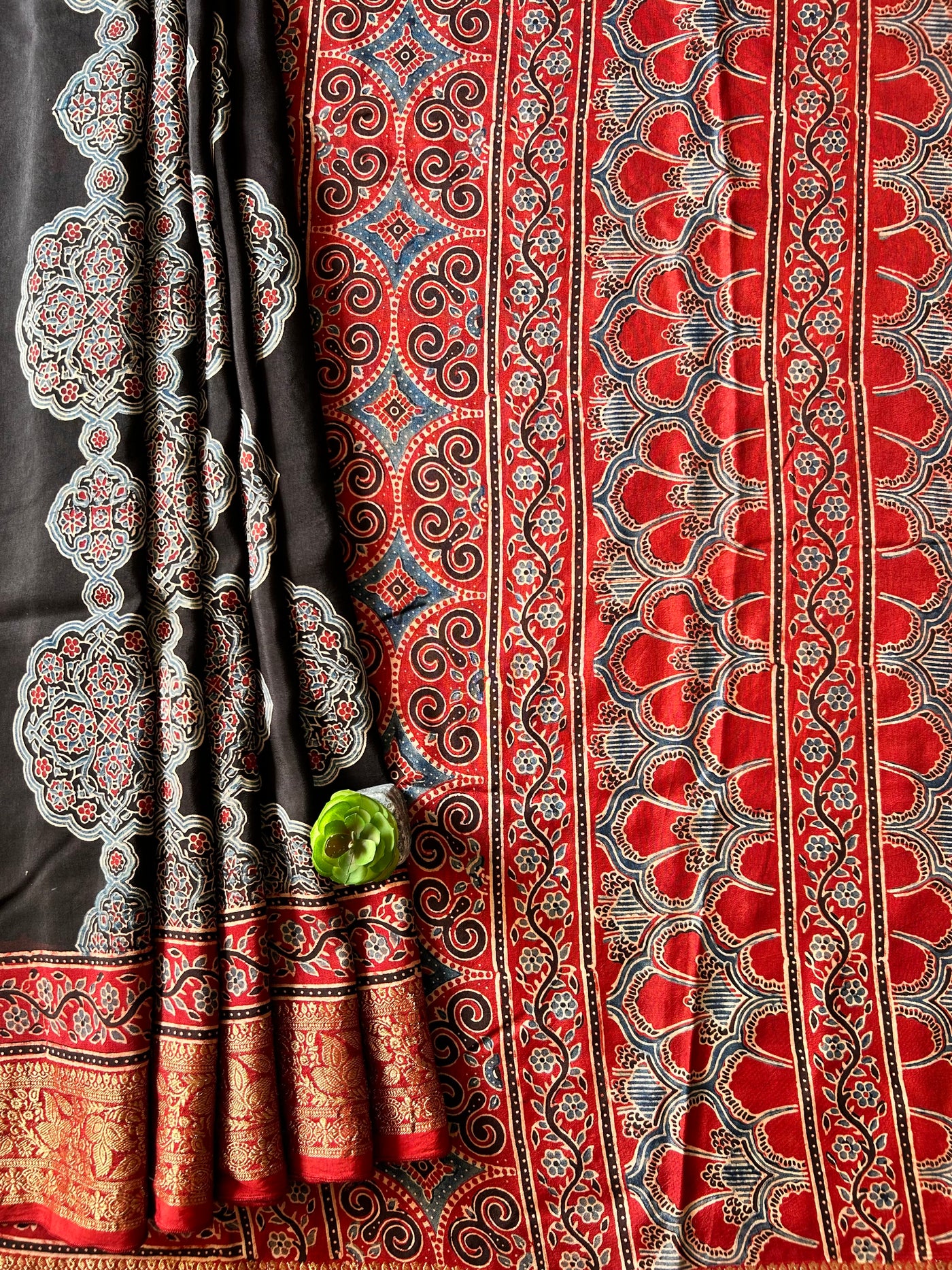 RUDRANI:Handmade Ajrakh Dola Silk Saree with Meenakari Pallu