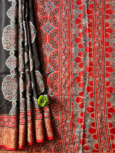 RUDRANI:Handmade Ajrakh Dola Silk Saree with Meenakari Pallu