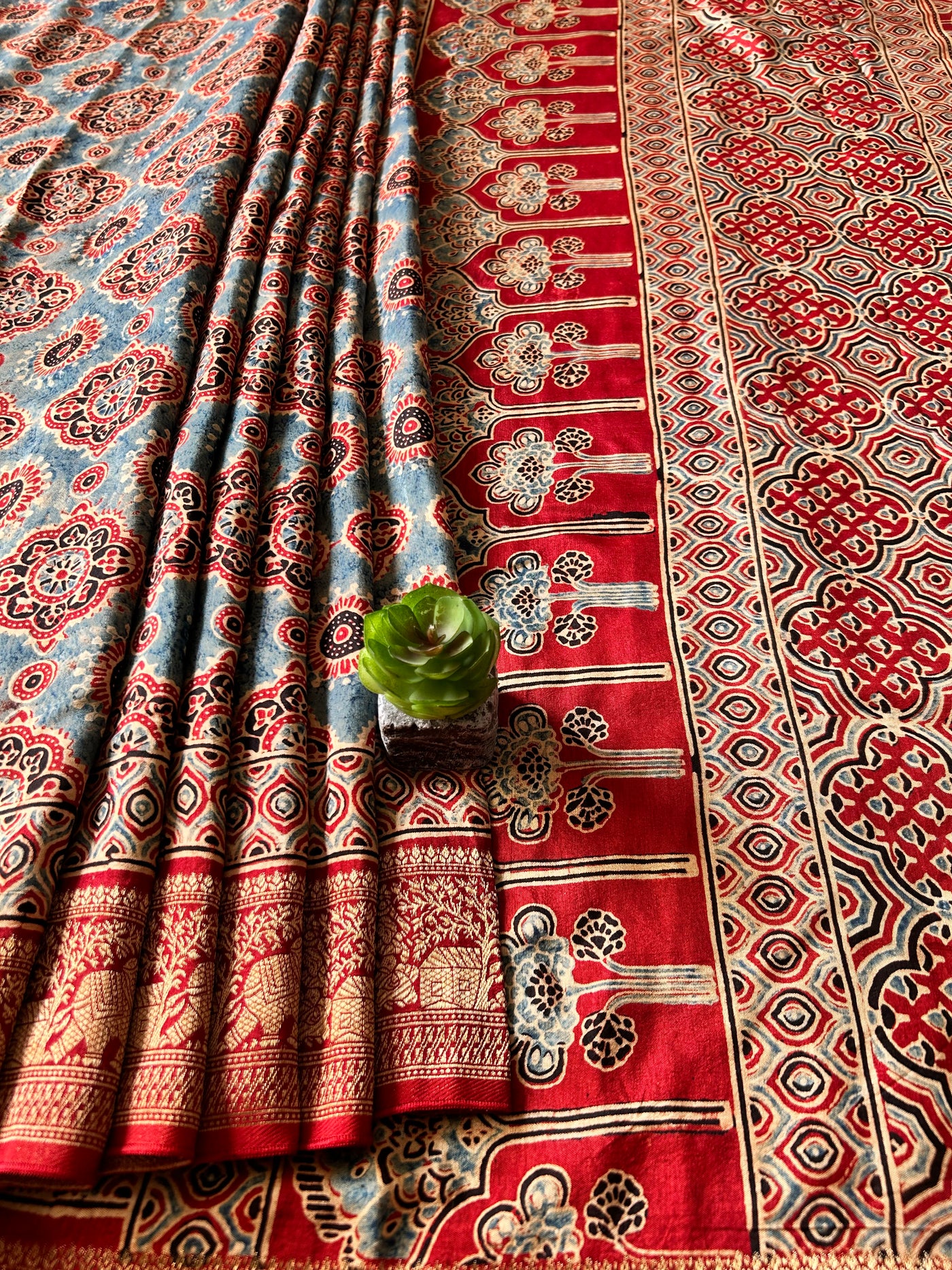 SUNDARI:Handmade Ajrakh Dola Silk Saree with Meenakari Pallu