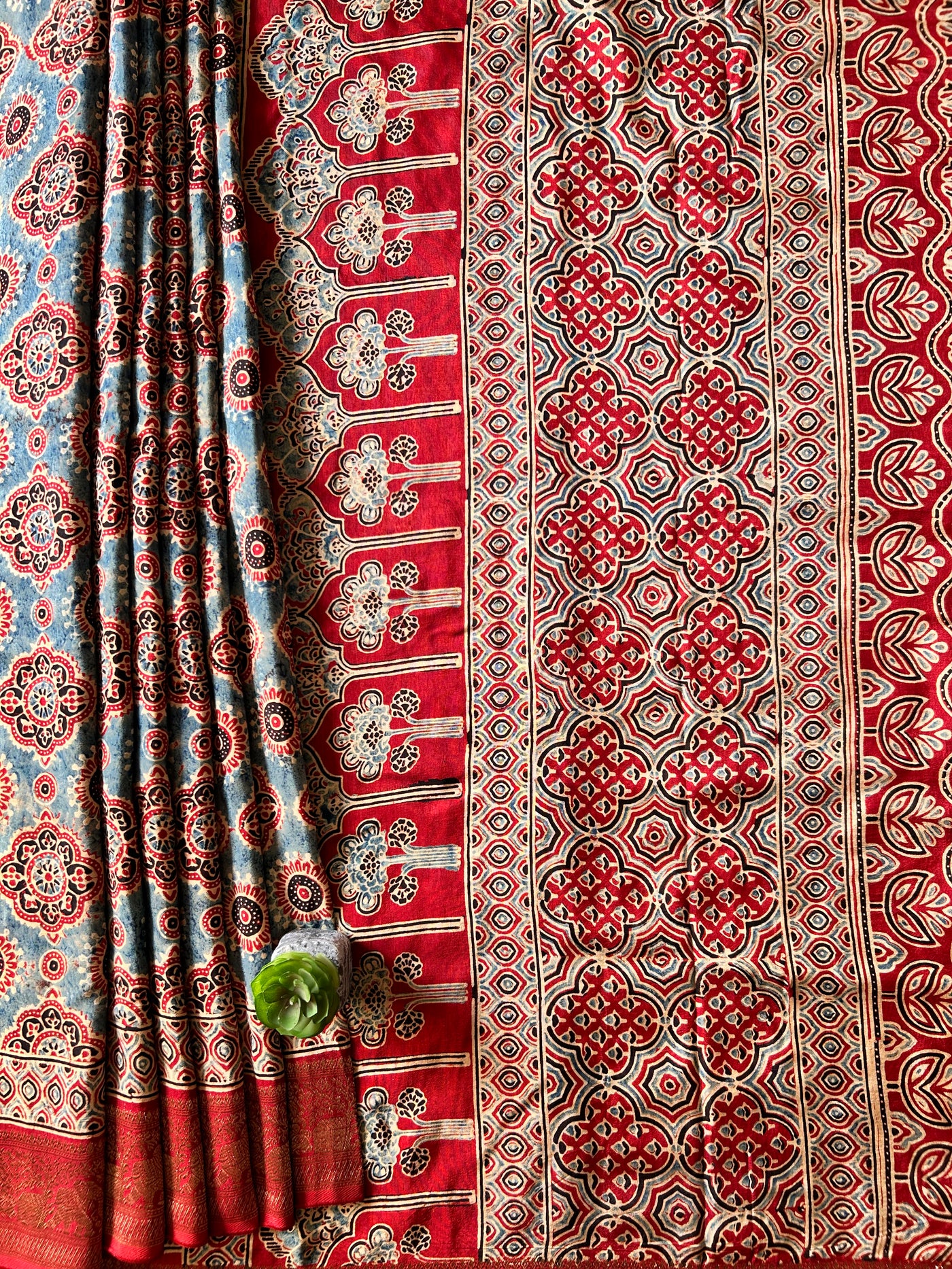 SUNDARI:Handmade Ajrakh Dola Silk Saree with Meenakari Pallu