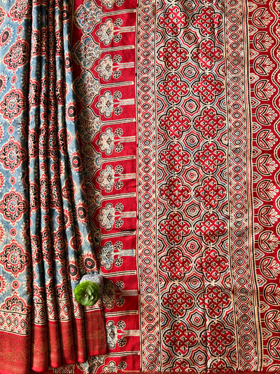 SUNDARI:Handmade Ajrakh Dola Silk Saree with Meenakari Pallu