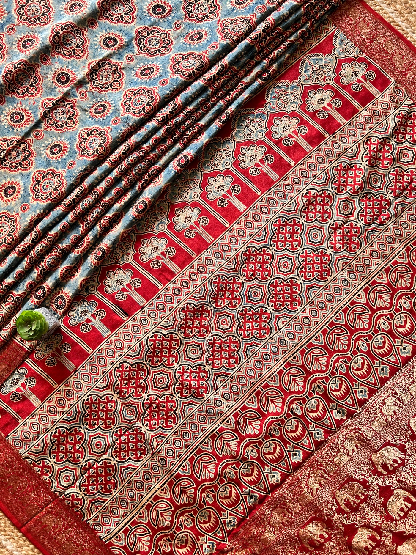 SUNDARI:Handmade Ajrakh Dola Silk Saree with Meenakari Pallu