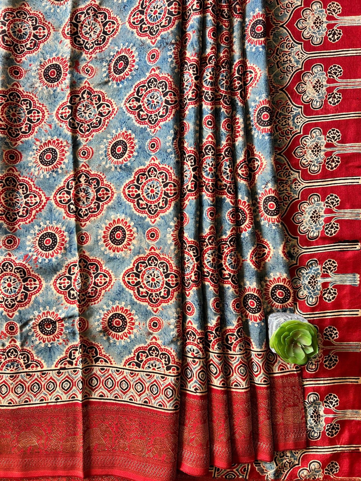 SUNDARI:Handmade Ajrakh Dola Silk Saree with Meenakari Pallu