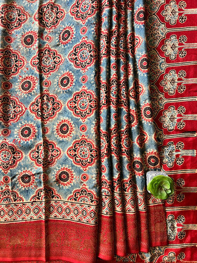 SUNDARI:Handmade Ajrakh Dola Silk Saree with Meenakari Pallu