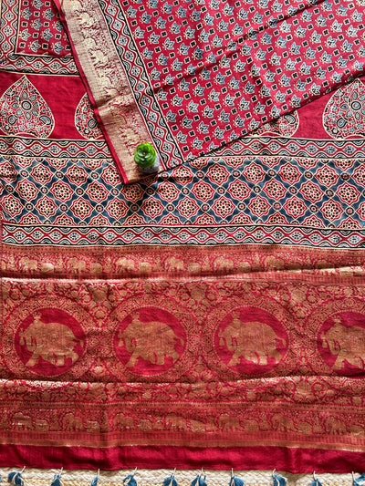 IRA:Handmade Ajrakh Dola Silk Saree with Meenakari Pallu