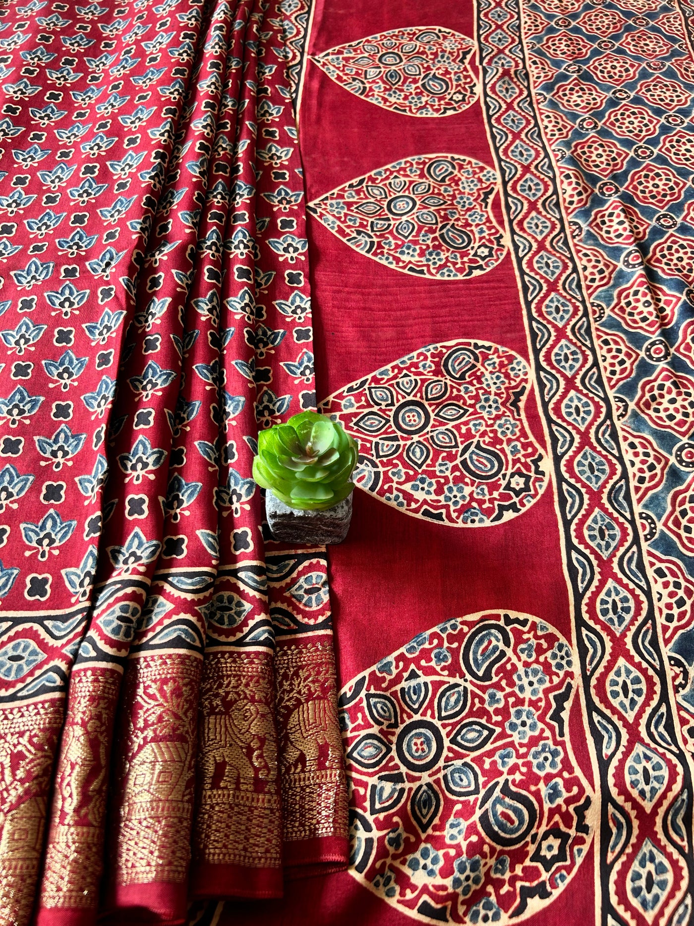 IRA:Handmade Ajrakh Dola Silk Saree with Meenakari Pallu