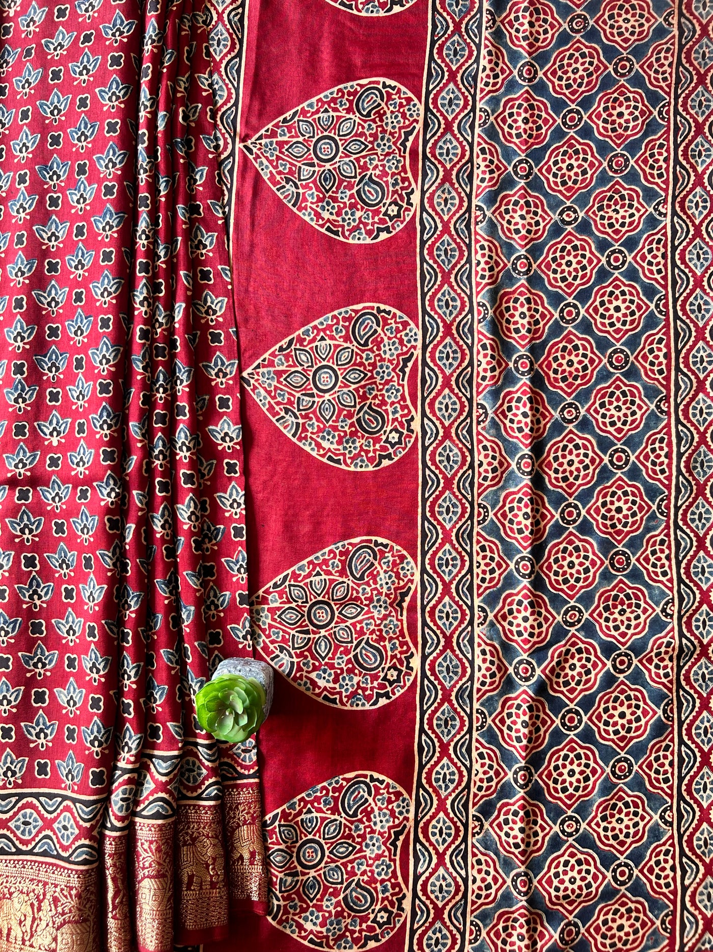 IRA:Handmade Ajrakh Dola Silk Saree with Meenakari Pallu
