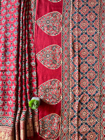 IRA:Handmade Ajrakh Dola Silk Saree with Meenakari Pallu