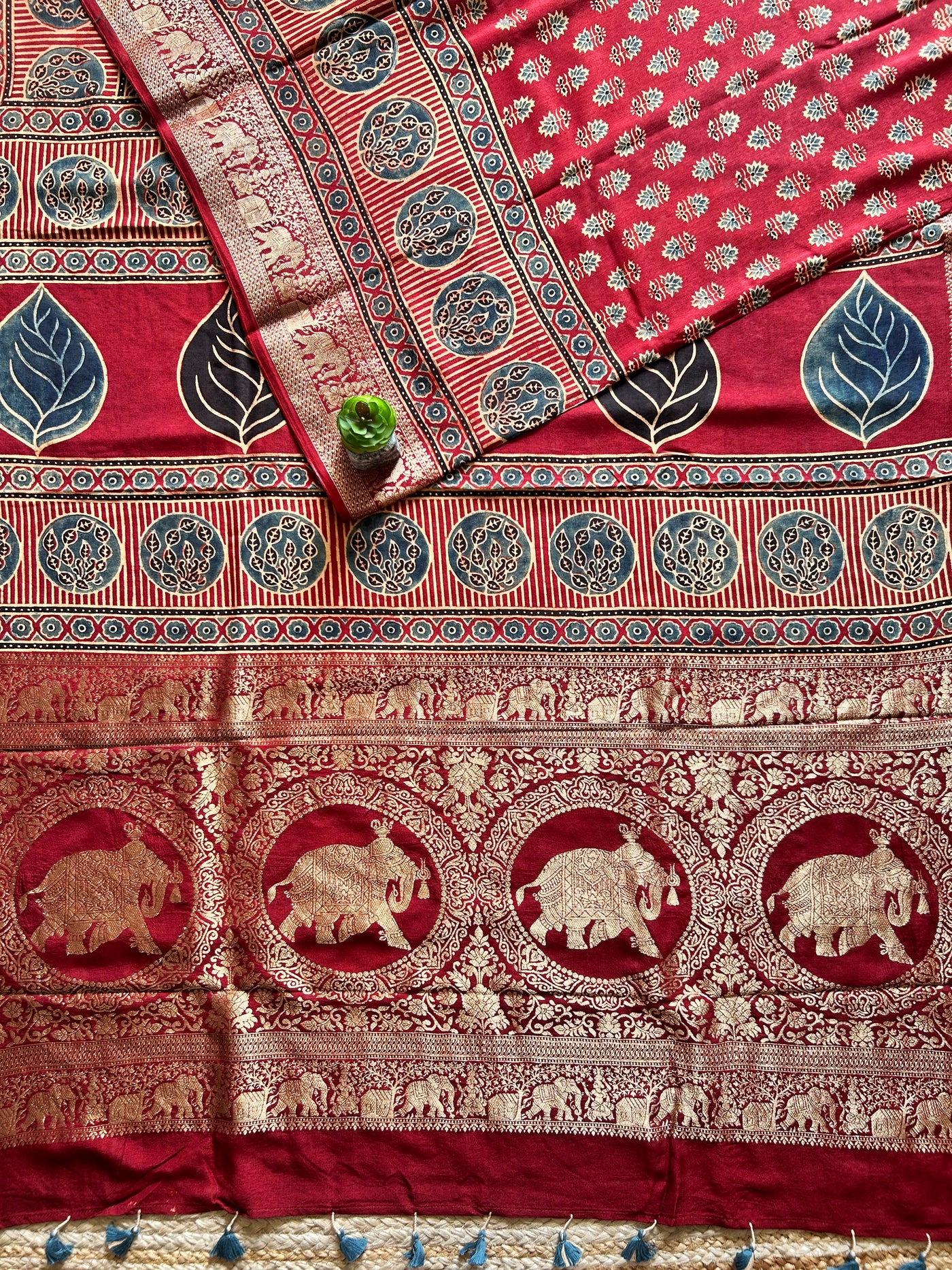 VANI:Handmade Ajrakh Dola Silk Saree with Meenakari Pallu