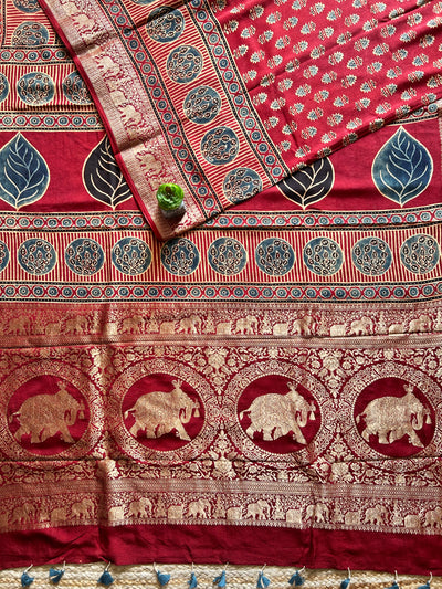 VANI:Handmade Ajrakh Dola Silk Saree with Meenakari Pallu