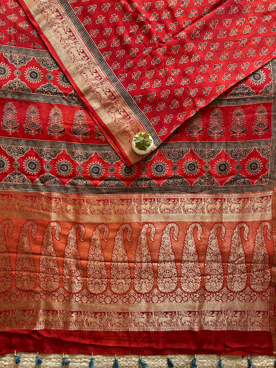 Nalini:Handblock Ajrakh Dola Silk Saree With Meenakari Pallu.