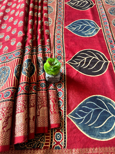 VANI:Handmade Ajrakh Dola Silk Saree with Meenakari Pallu