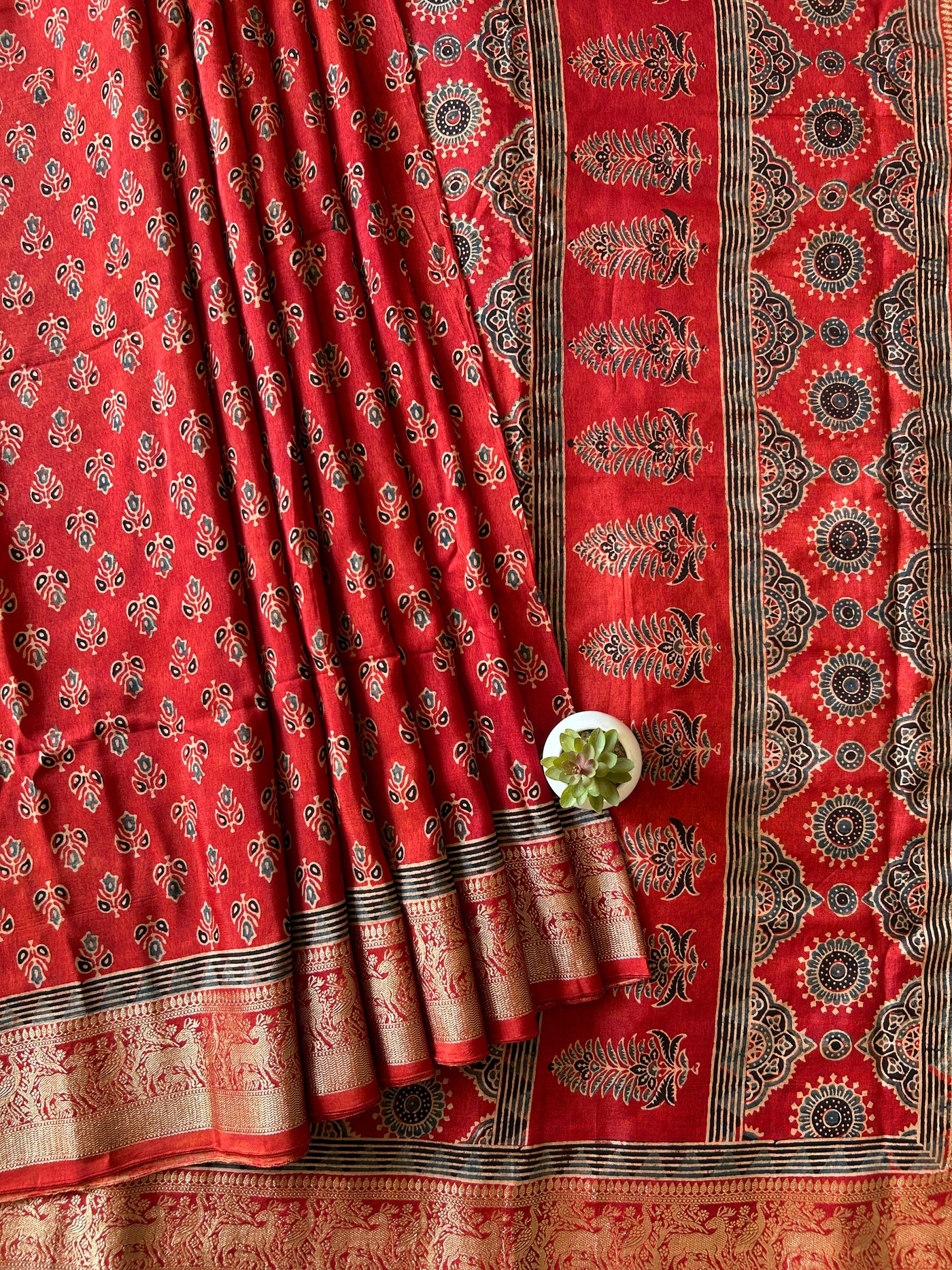 Nalini:Handblock Ajrakh Dola Silk Saree With Meenakari Pallu.