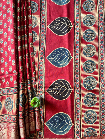 VANI:Handmade Ajrakh Dola Silk Saree with Meenakari Pallu