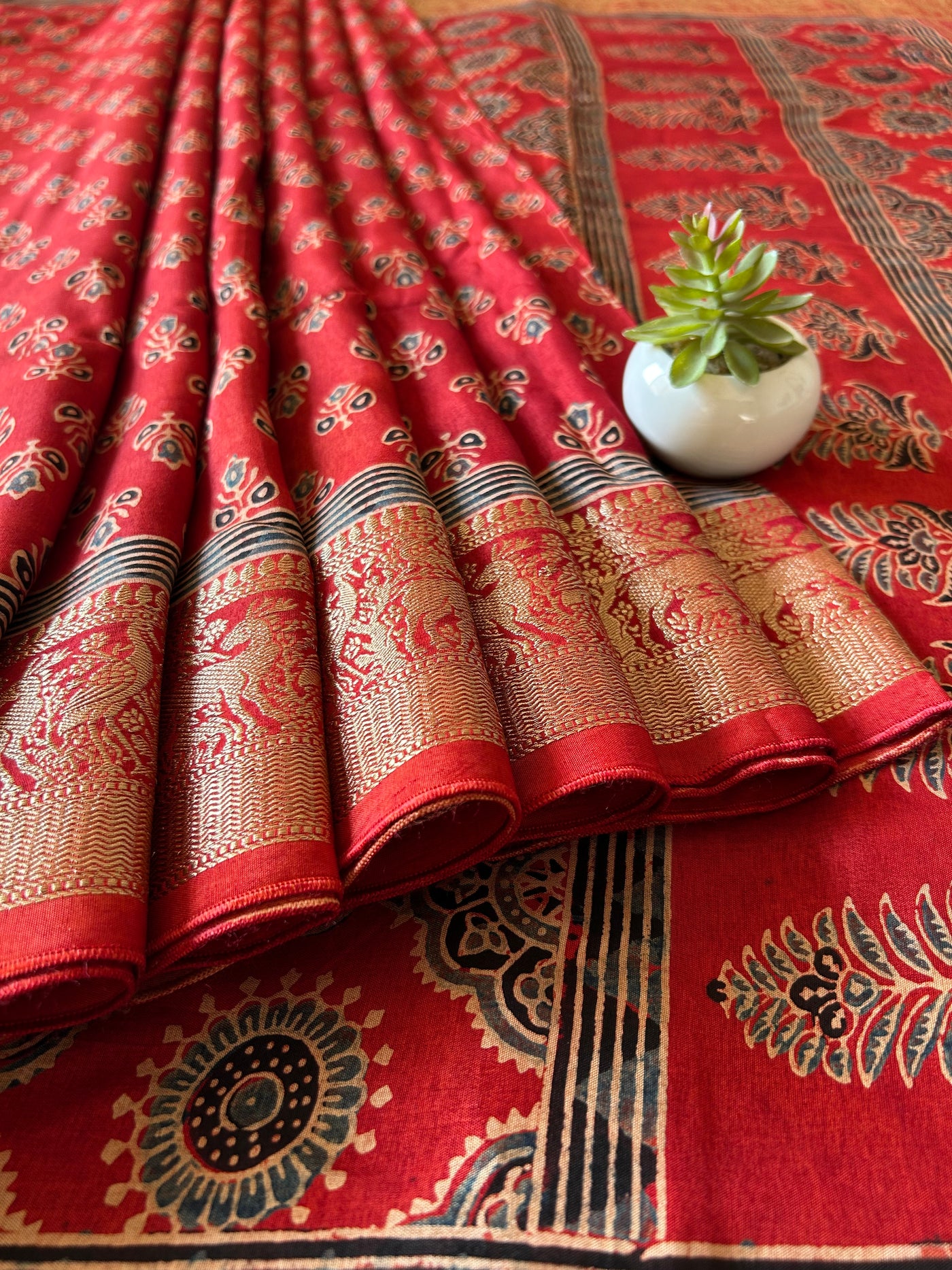 Nalini:Handblock Ajrakh Dola Silk Saree With Meenakari Pallu.