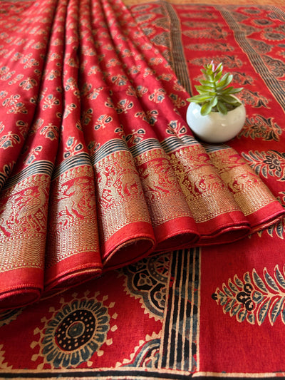 Nalini:Handblock Ajrakh Dola Silk Saree With Meenakari Pallu.