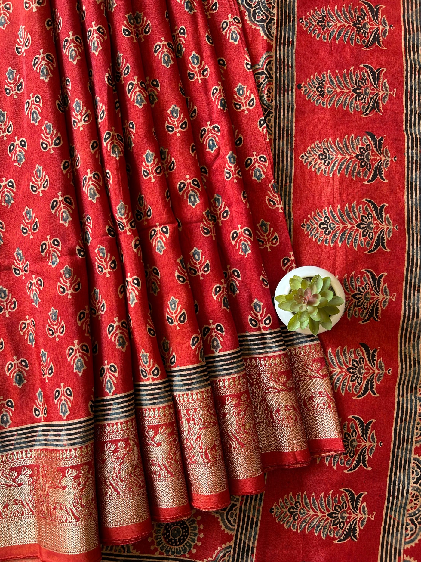 Nalini:Handblock Ajrakh Dola Silk Saree With Meenakari Pallu.