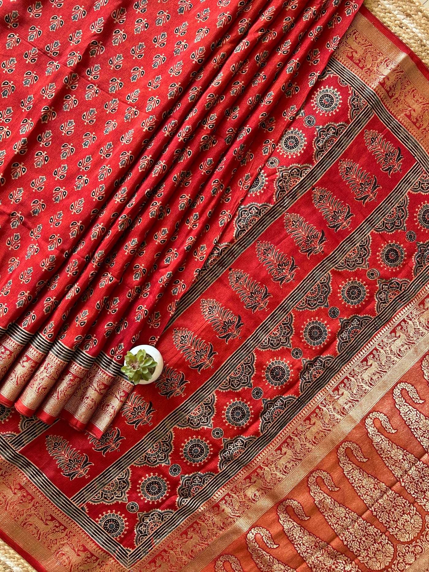 Nalini:Handblock Ajrakh Dola Silk Saree With Meenakari Pallu.