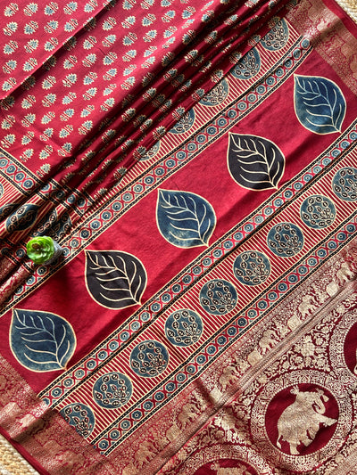 VANI:Handmade Ajrakh Dola Silk Saree with Meenakari Pallu