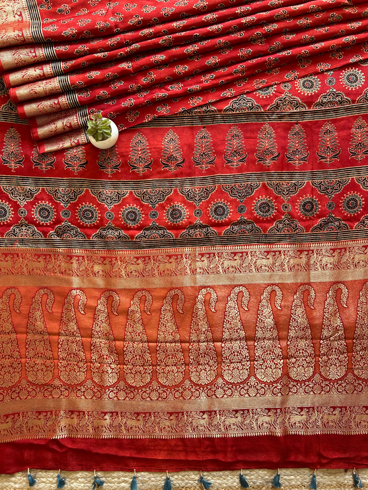 Nalini:Handblock Ajrakh Dola Silk Saree With Meenakari Pallu.