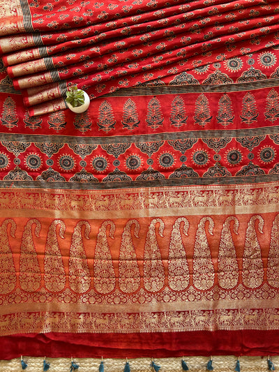 Nalini:Handblock Ajrakh Dola Silk Saree With Meenakari Pallu.