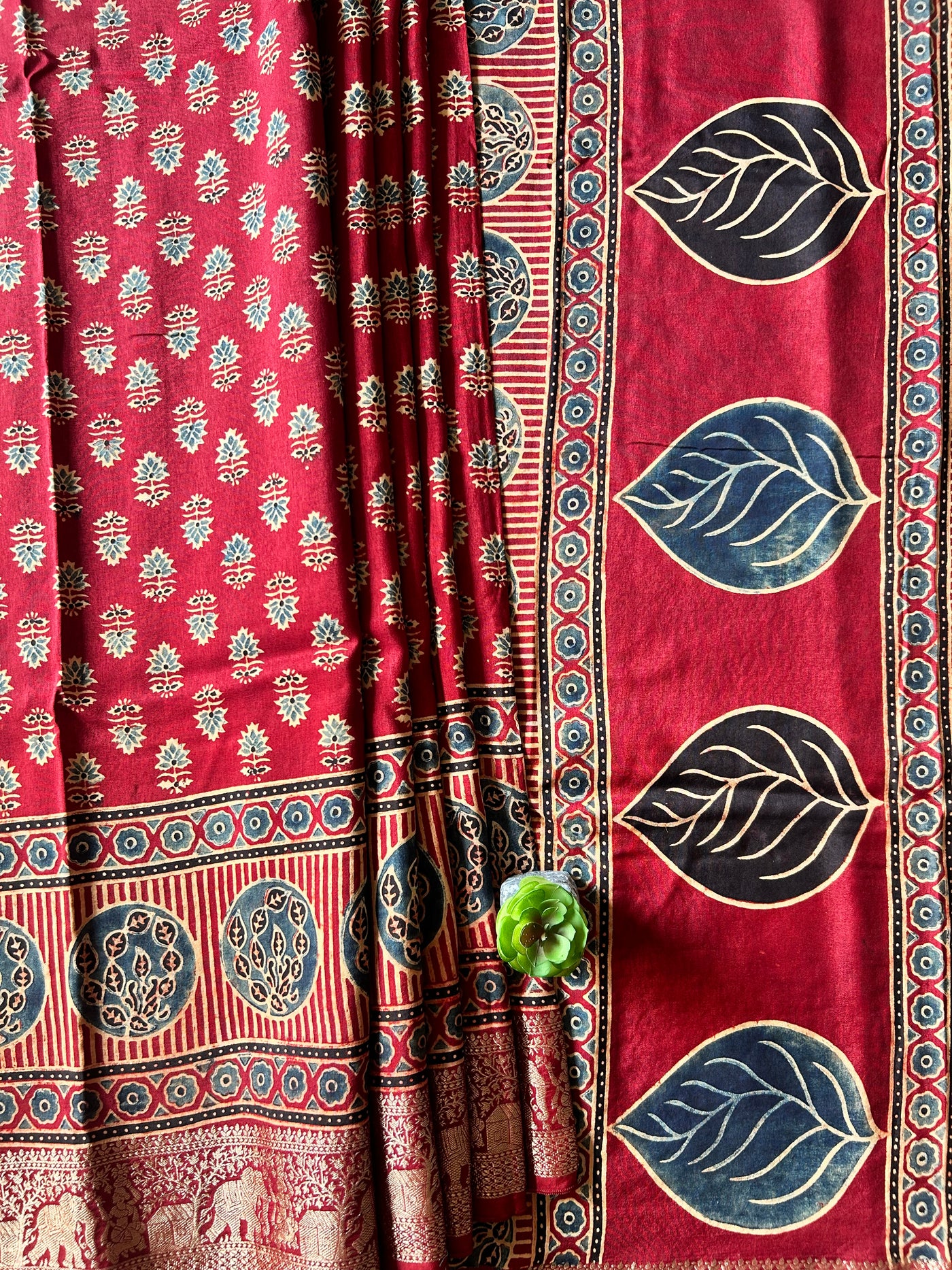 VANI:Handmade Ajrakh Dola Silk Saree with Meenakari Pallu
