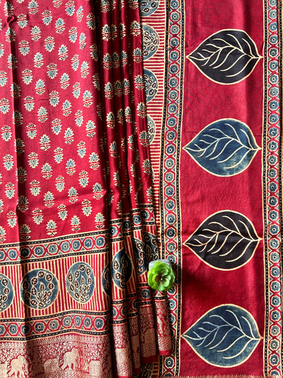 VANI:Handmade Ajrakh Dola Silk Saree with Meenakari Pallu