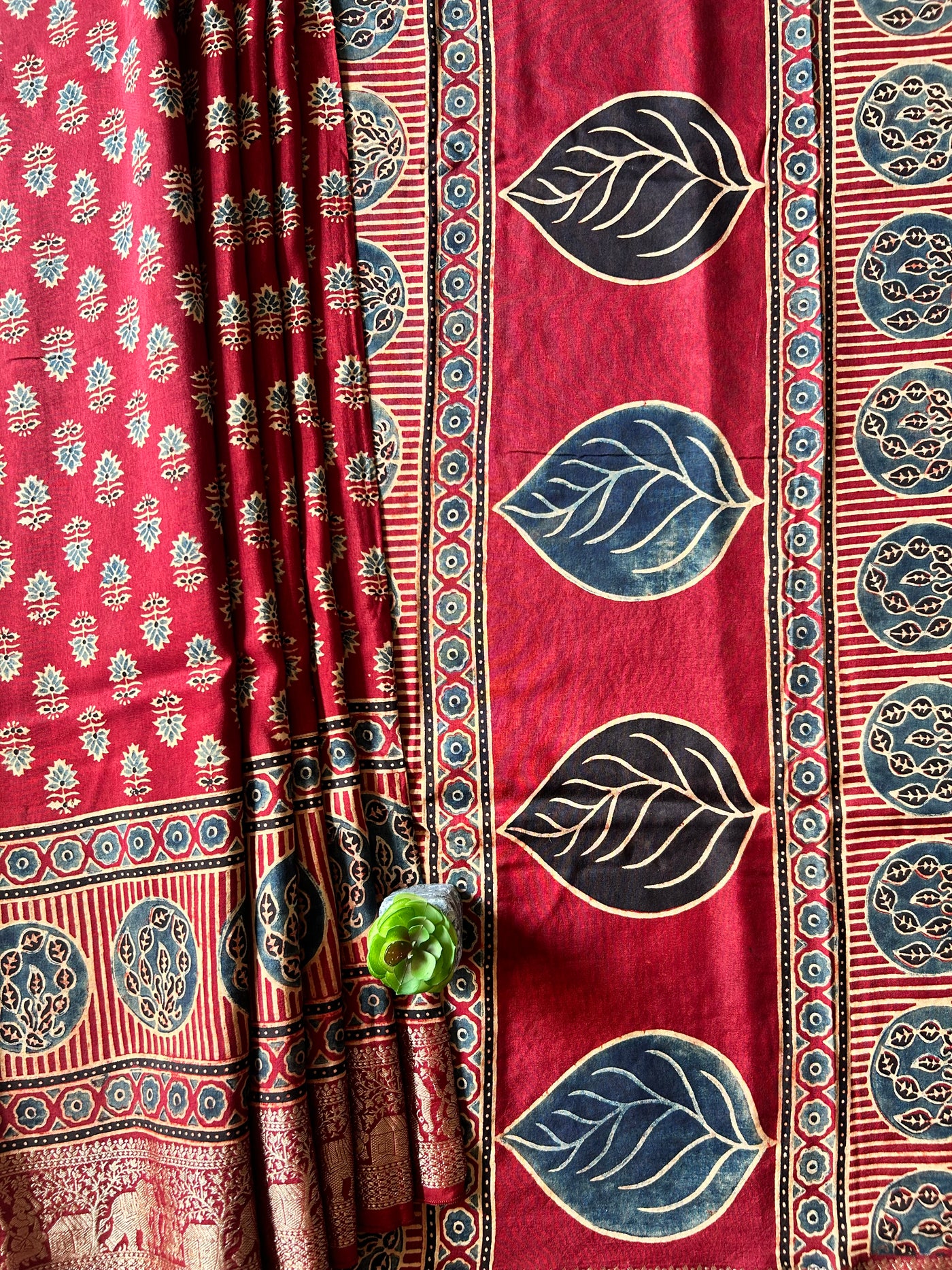 VANI:Handmade Ajrakh Dola Silk Saree with Meenakari Pallu