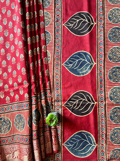 VANI:Handmade Ajrakh Dola Silk Saree with Meenakari Pallu