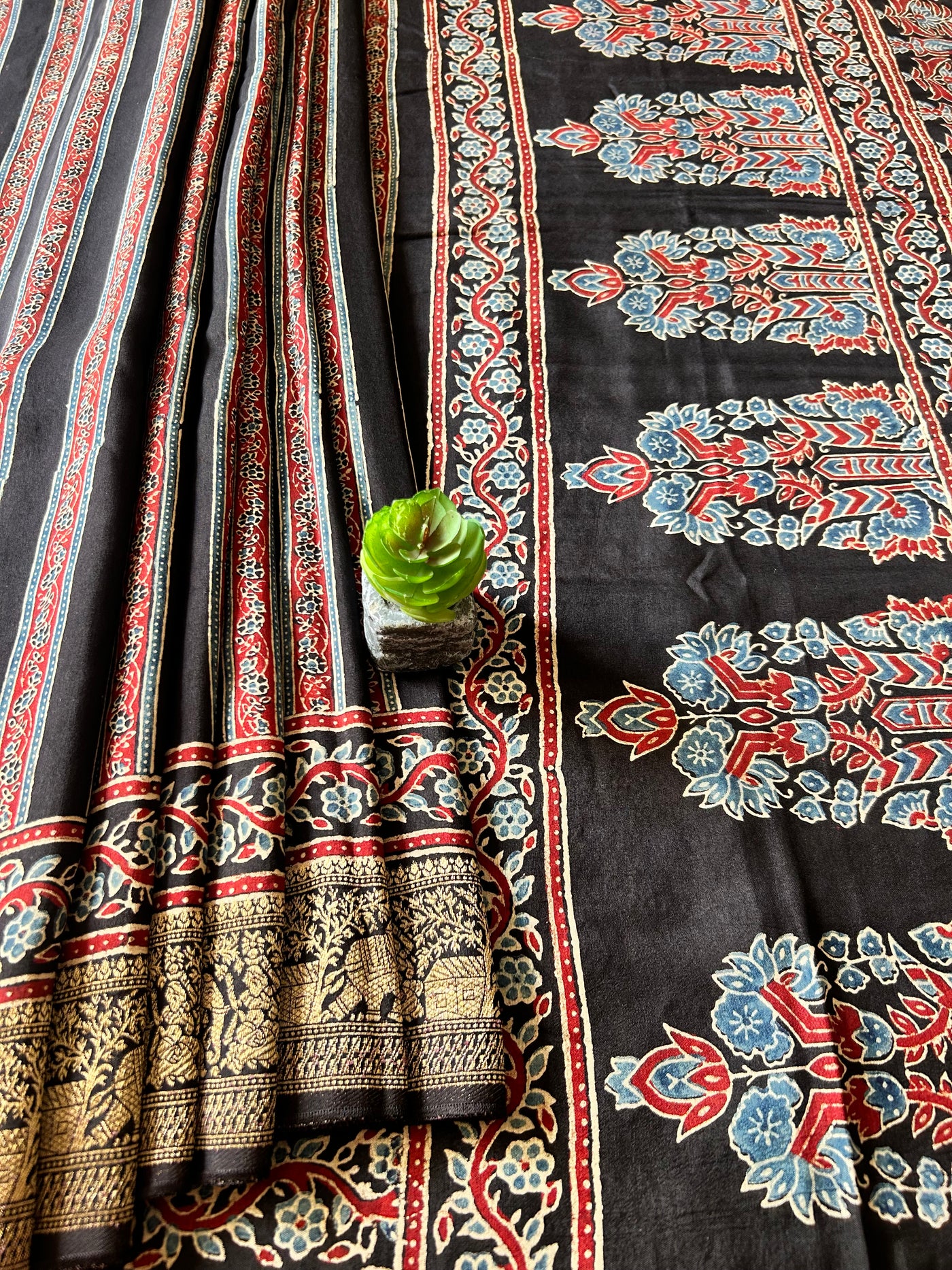 SHREE:Handmade Ajrakh Dola Silk Saree with Meenakari Pallu