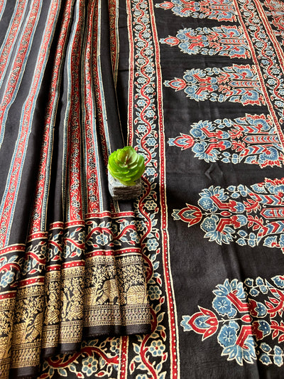 SHREE:Handmade Ajrakh Dola Silk Saree with Meenakari Pallu