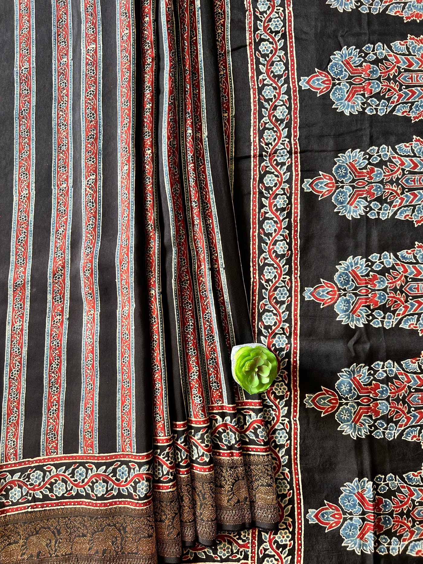 SHREE:Handmade Ajrakh Dola Silk Saree with Meenakari Pallu