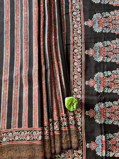 SHREE:Handmade Ajrakh Dola Silk Saree with Meenakari Pallu