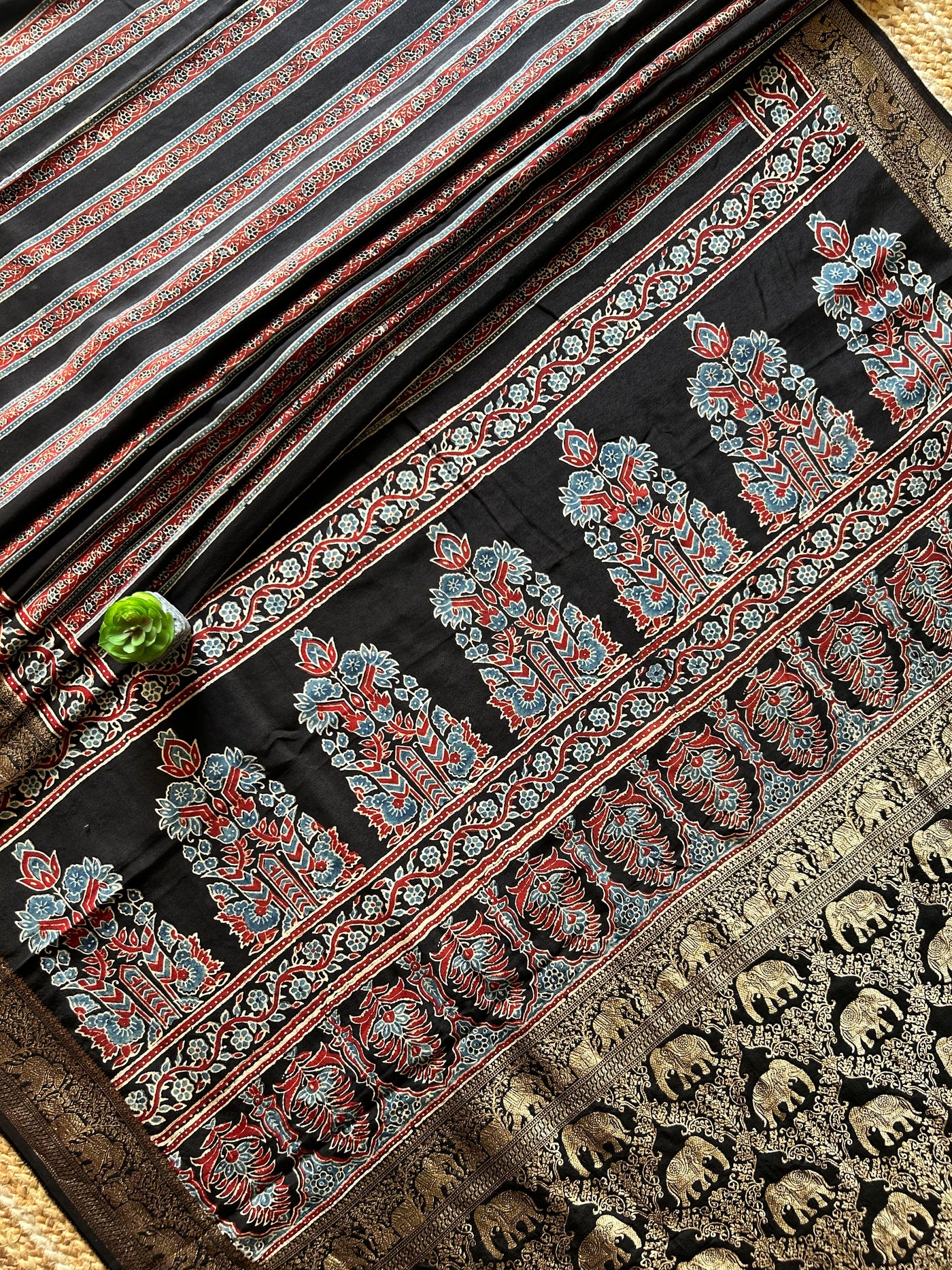 SHREE:Handmade Ajrakh Dola Silk Saree with Meenakari Pallu