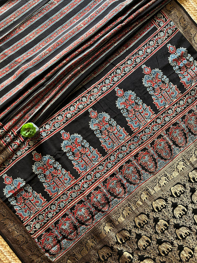 SHREE:Handmade Ajrakh Dola Silk Saree with Meenakari Pallu