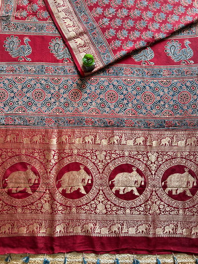 JAYA:Handblock Ajrakh Dola Silk Saree with Meenakari Pallu