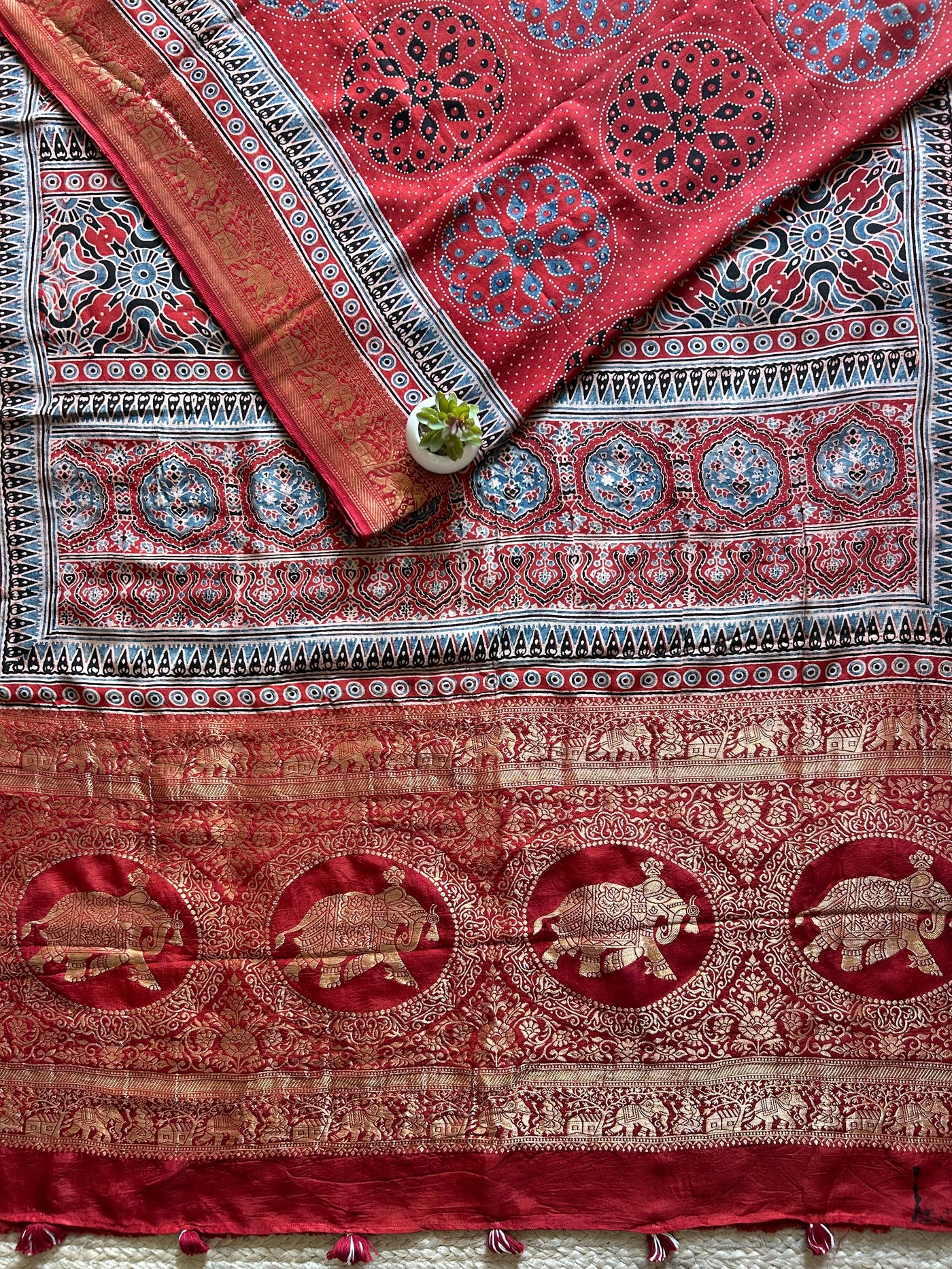 Kratika:Handblock Ajrakh Dola Silk Saree With Meenakari Pallu.